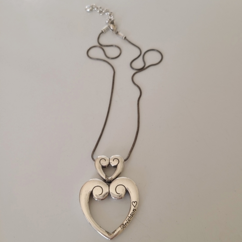 Retired Brighton Signed Double Open Heart Necklace Silver Tone w/ Brighton pouch